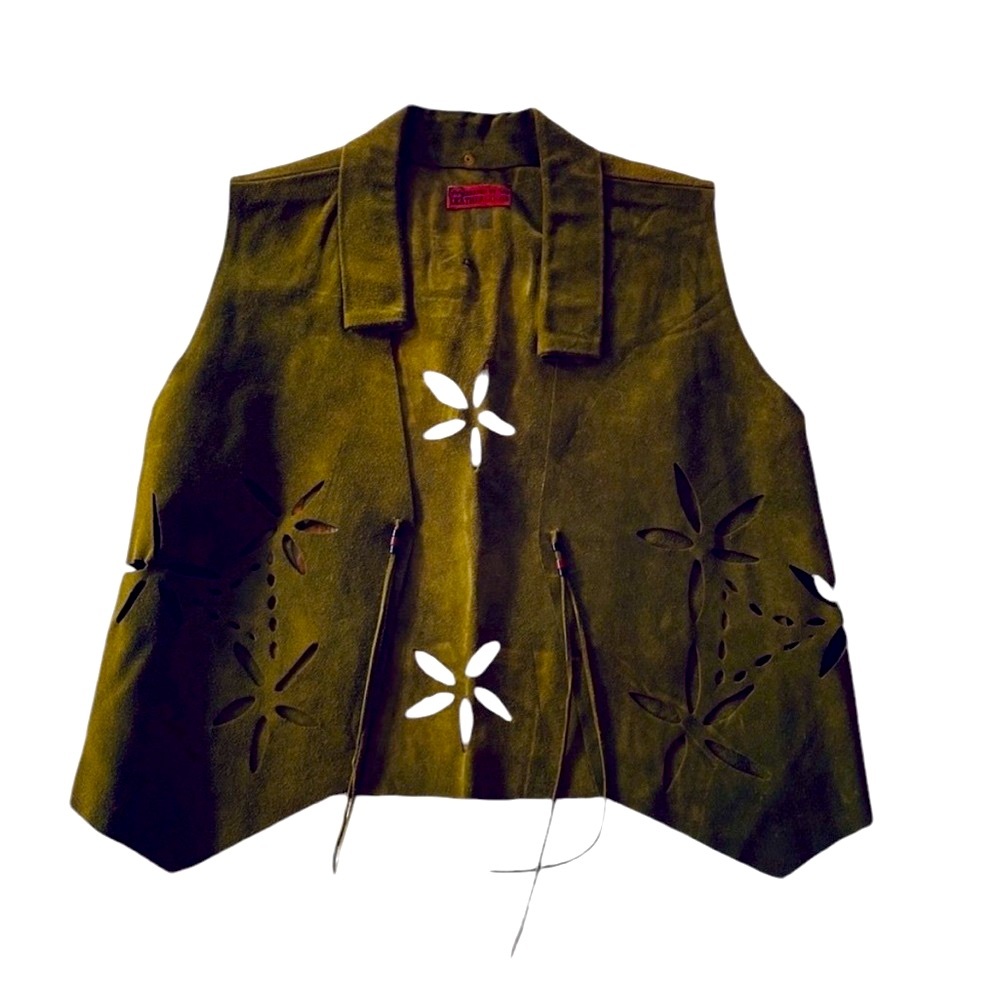 Vintage Army Green Suede Vest Fringe Detail and Flower cut outs - Picture 9 of 16